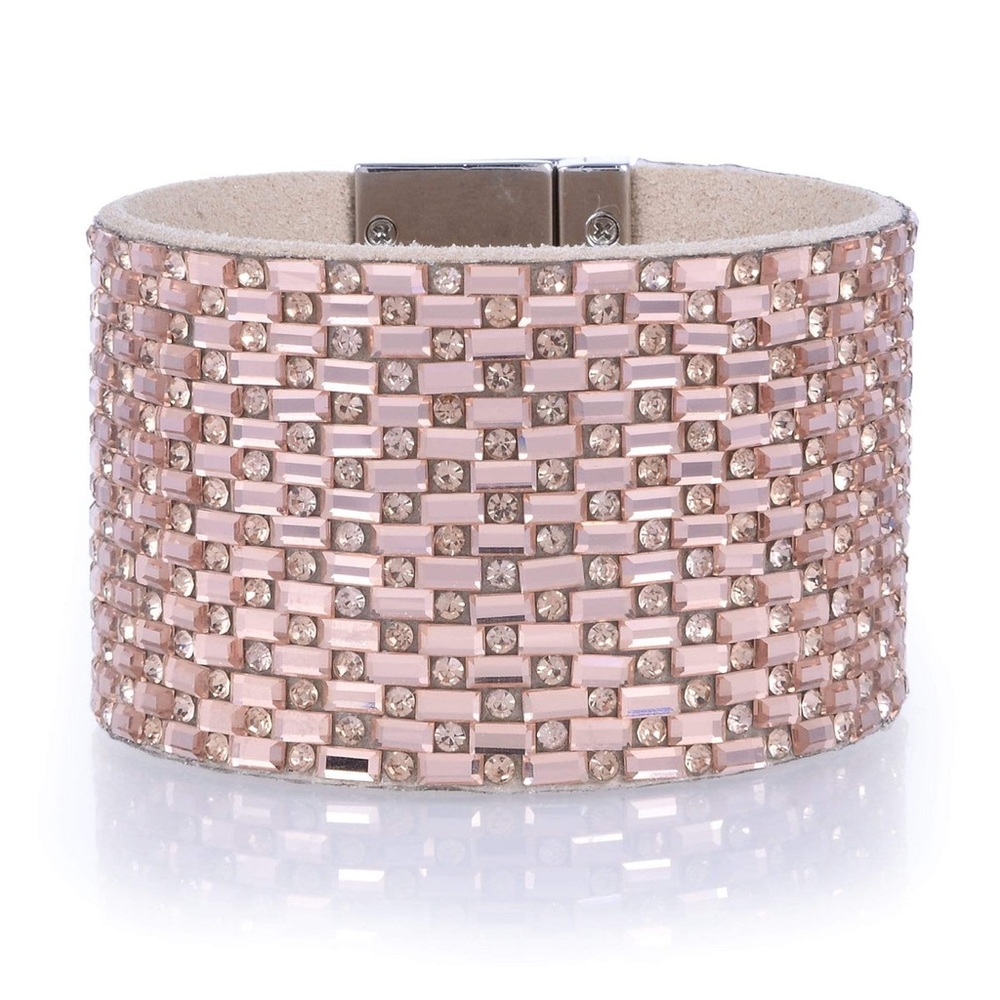Wide Cuff Pink Gemstone Leather Bracelet 8”